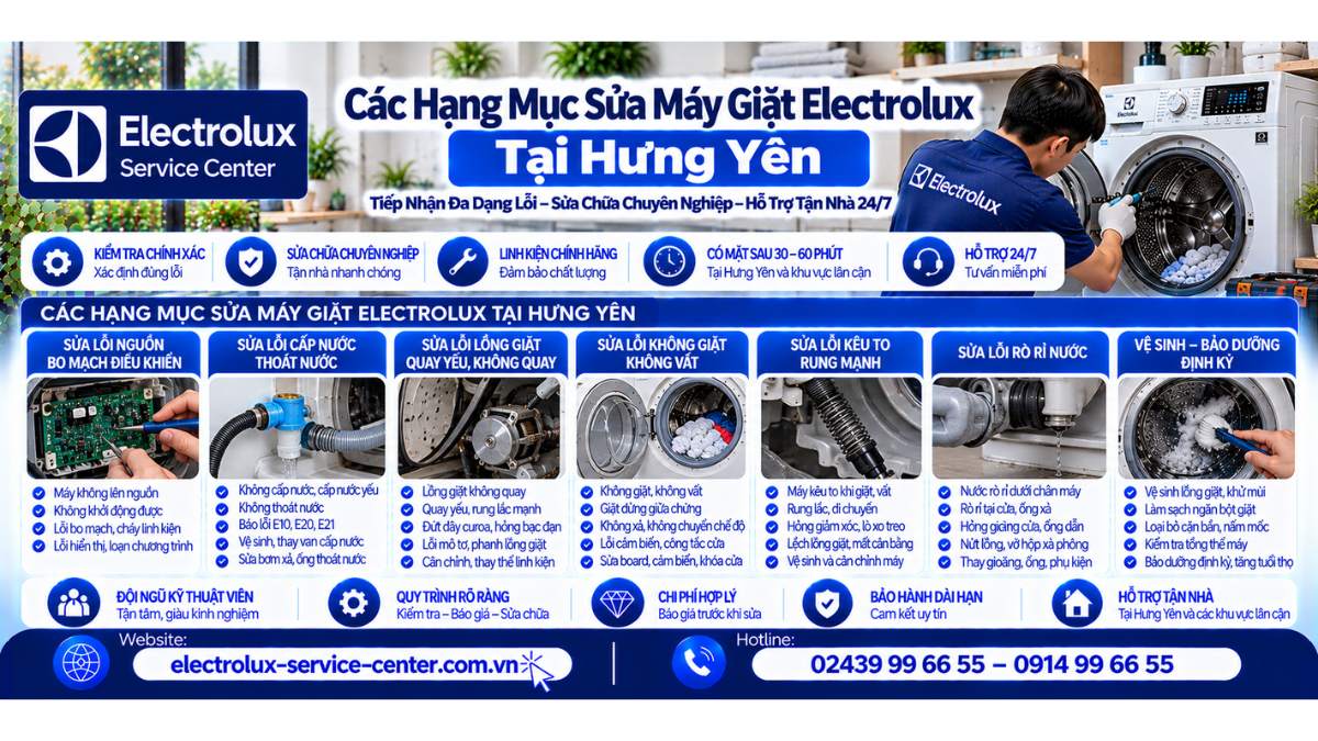 Các hạng mục sửa máy giặt Electrolux tại Hưng Yên Website: https://electrolux-service-center.com.vn/